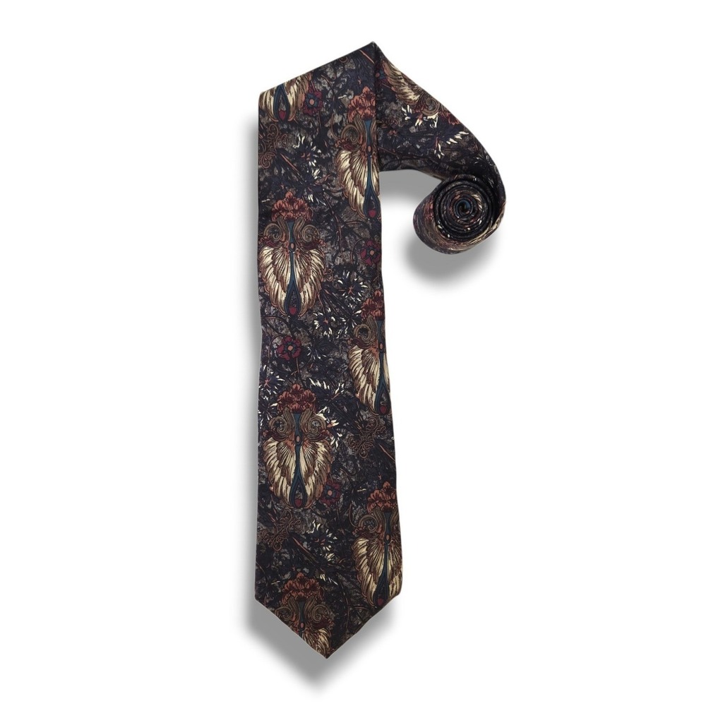 Vintage Ron Chereskin Silk Necktie Abstract Botanical Floral Black Burgundy OS